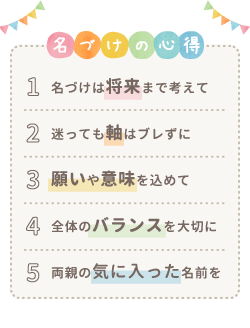 名づけの心得 1名づけは将来まで考えて 2迷っても軸はブレずに 3願いや意味を込めて 4全体のバランスを大切に 5両親の気に入った名前を