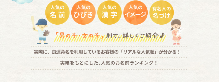 「男の子・女の子」別で、詳しくご紹介♪ 実際に、良運命名を利用しているお客様の「リアルな名づけ」が分かる! 実績をもとにした、人気のお名前ランキング!